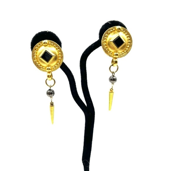 Robert Rose Clip On Earrings Goldtone Egyptian Revival Cabochon Chunky VTG  GP - Picture 1 of 13